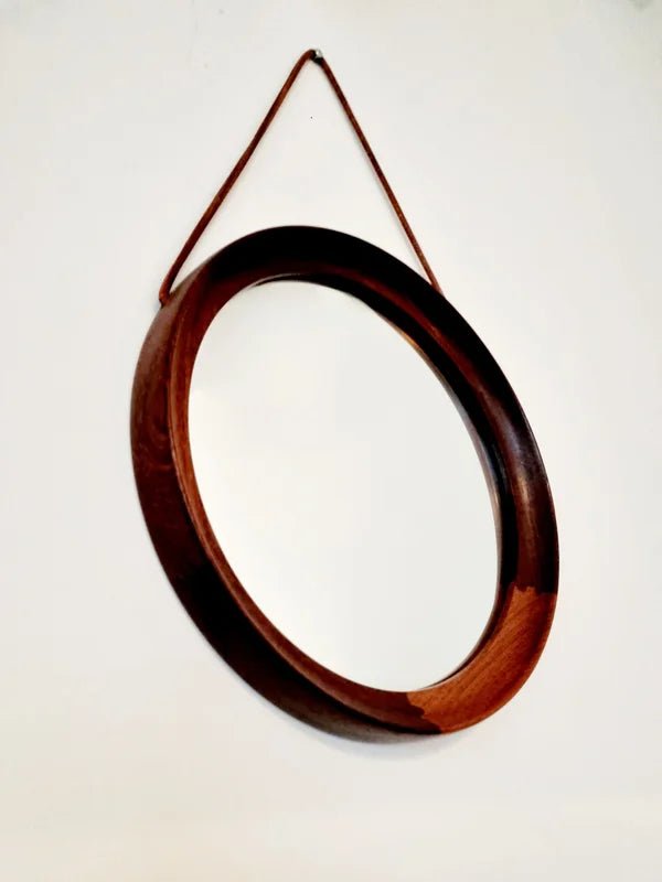 60s Scandinavian mirror in teak, leather strap - COLLECTORS RDAM