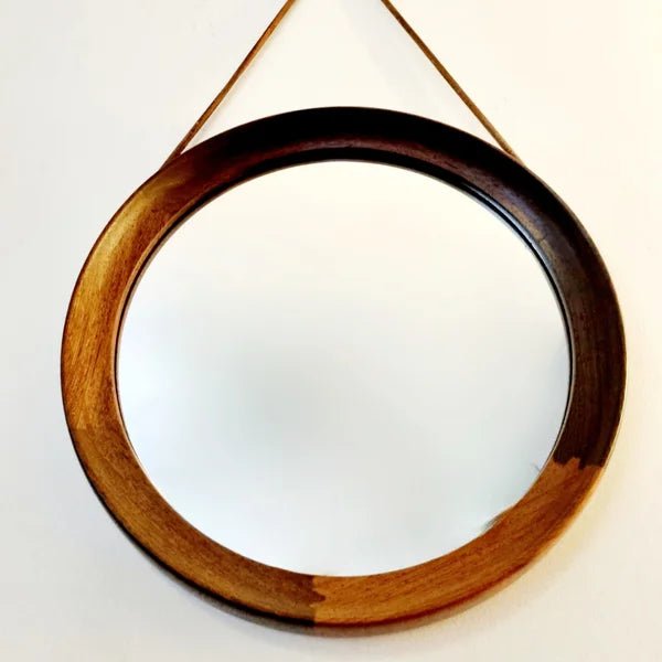 60s Scandinavian mirror in teak, leather strap - COLLECTORS RDAM