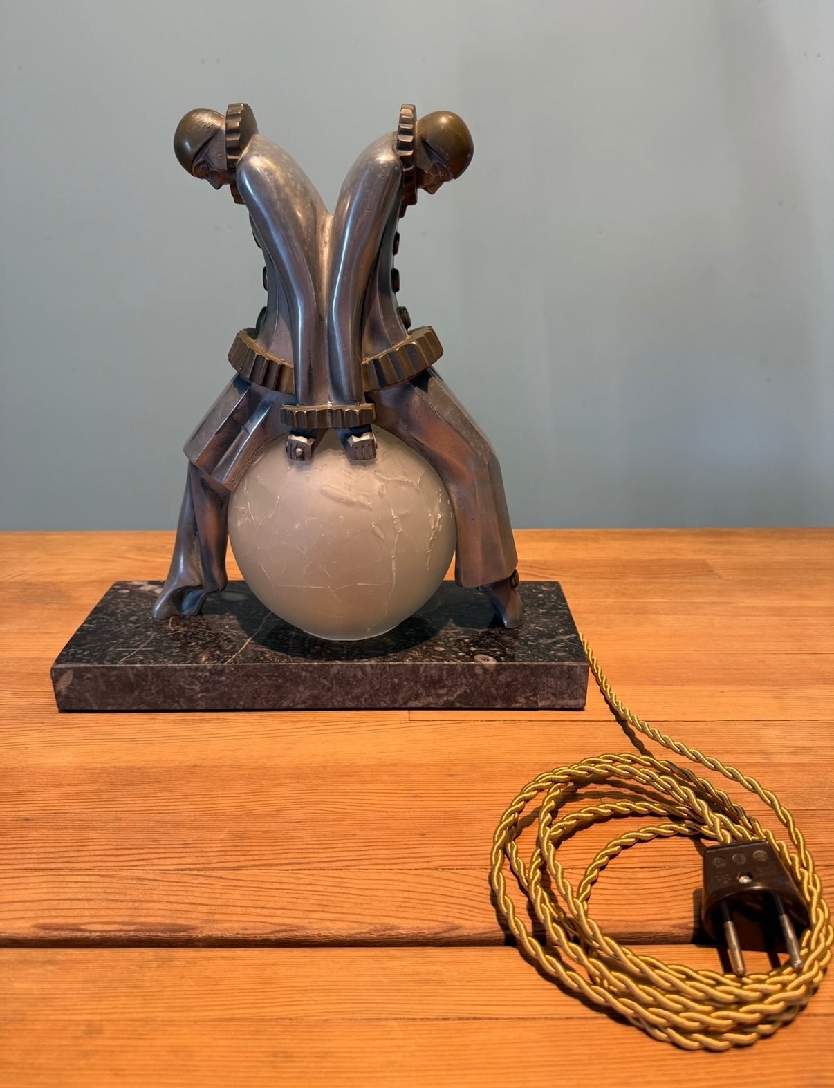 Art Deco aluminium and brass Pierrot & Pierrette table lamp - COLLECTORS RDAM