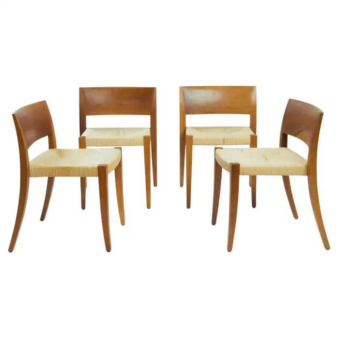 Walnut and papercord dining chairs by Molteni &C, stackable, 4, Italy 1990s - COLLECTORS RDAM